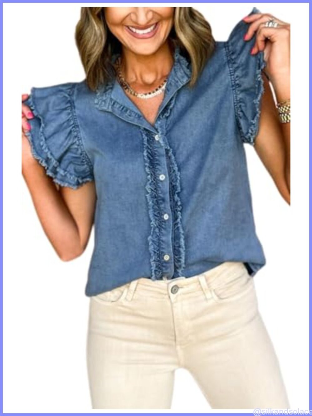 Womens Denim Button Down Shirt Ruffled Flutter Sleeve V Neck Casual Blouse